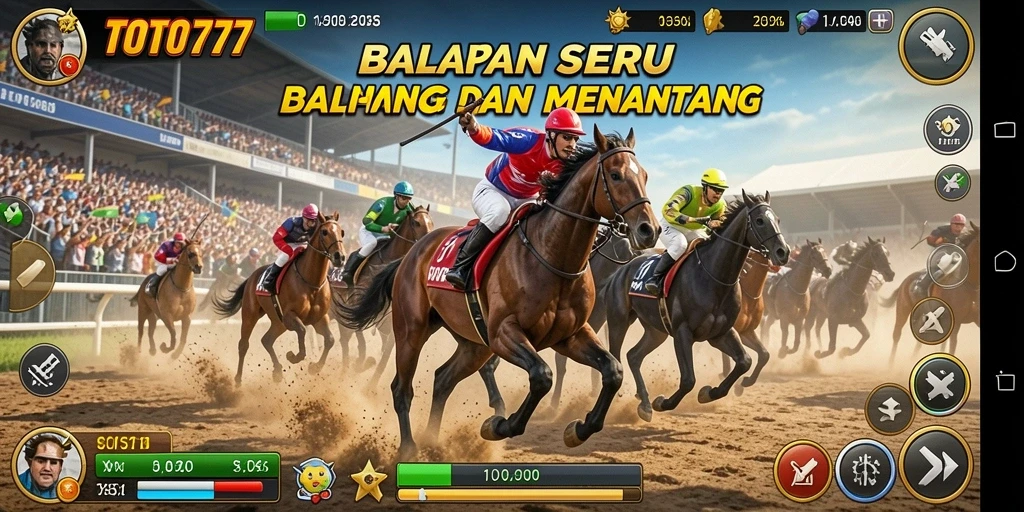 Gameplay TOTO777 dengan mobil balap melaju kencang di lintasan penuh tantangan.